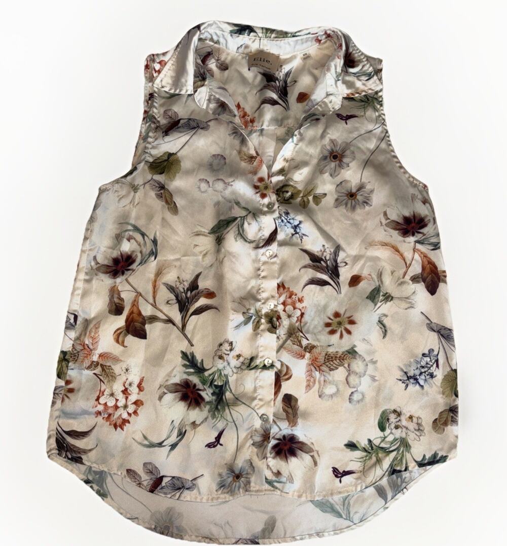 Elie Tahari Wm Sz M Cream Floral Sleeveless Button Up Top Cottagecore Grandma